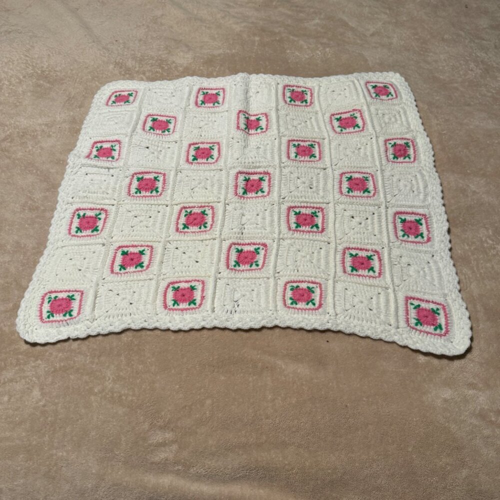 Baby Doll handmade Crochet blanket rose pattern with metallic bling yarn girl sm